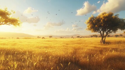 Obraz premium Golden African Savanna Sunset: Serenity in the Wild