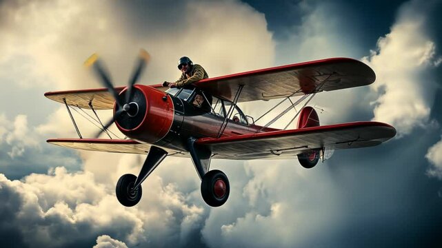 Vintage biplane soaring through dramatic clouds with pilot focused