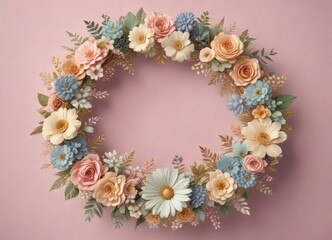 Retro floral wreath with pastel hues and gold accents , patterns, retro