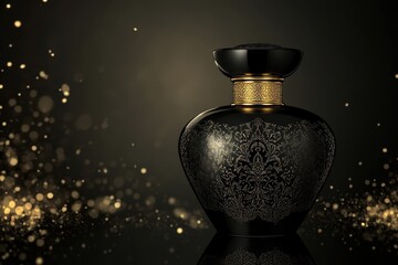 Luxurious and classy perfume bottle silhouette in black and gold . An elegant black perfume bottle embellished with sparkling gold glitter, representing sophistication and allure.