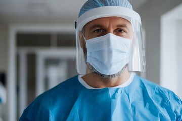 Healthcare worker in protective gear prepares to assist patients in a hospital setting during a busy work shift