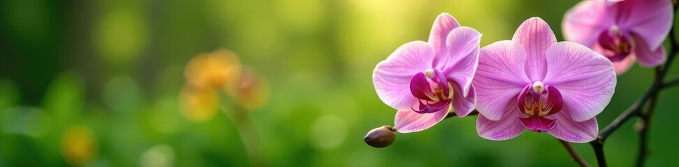 Fototapeta premium Pink orchid shaped flowers blooming in a green garden, spring, nature, orchid-like