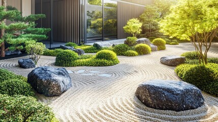 Zen garden landscaping, modern home background, sunlight