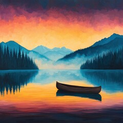 Vibrant Sunset Over Calm Lake with Boat and Majestic Mountains in a Serene Natural Landscape