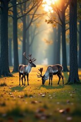 Obraz premium Reindeer grazing under trees, northern, reindeer