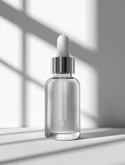 A sleek, clear serum bottle displayed on a clean, bright surface. Perfect for skincare and beauty themes.