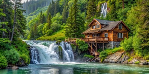 A serene and secluded fishing lodge nestled among the lush greenery of a waterfall in Alaska's vast wilderness