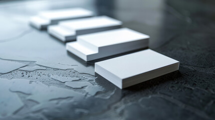 A set of white business cards on a dark gray surface.