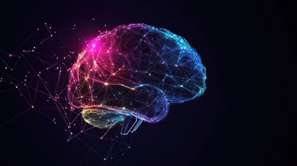 An abstract image of a human brain with interconnected neurons represented by glowing lines and nodes against a dark background, Tech style, photo of