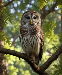 Fototapeta premium Perched barred owl in a shaded area of a forest with leaves and branches, leaves, perched, branches