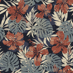 Hibiscus flowers with palm and monstera leaves wallpaper grunge vector floral seamless pattern for fabric shirt towel tablecloth pillow wrapping 