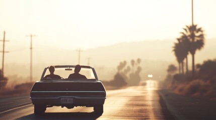 Two people enjoy a scenic sunset drive in a classic convertible.
