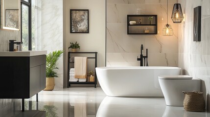 Modern bathroom interior design, freestanding tub, marble wall, natural light, home decor