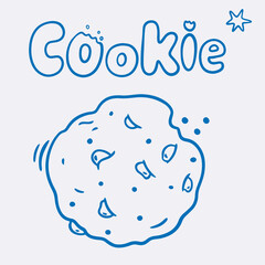 Vector doodle illustration of cookie with crumbs in blue line, lettering for coffee shop logo, pastry shop, bakery, branding, print, cookie line
