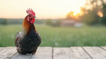 Colorful rooster sits on a wooden table in a grassy field, with a warm sunset creating a serene countryside atmosphere in the background