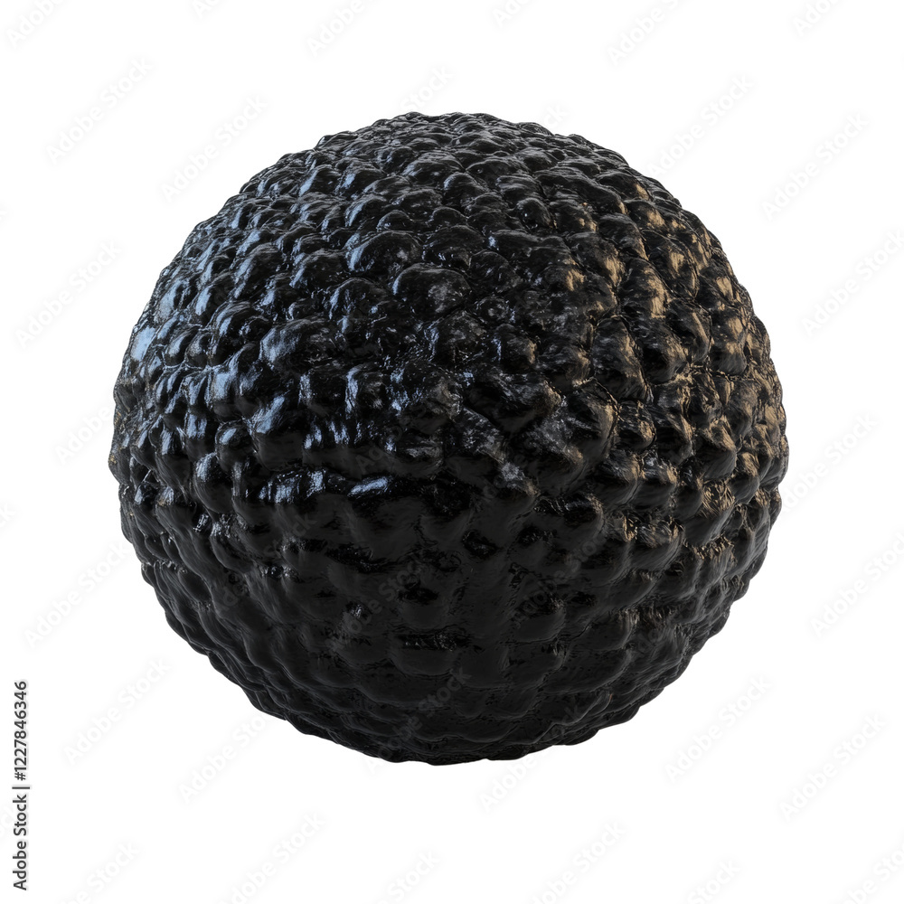 Poster A digitally rendered image shows a dark sphere with a rough, textured surface resembling a rocky or bumpy substance.