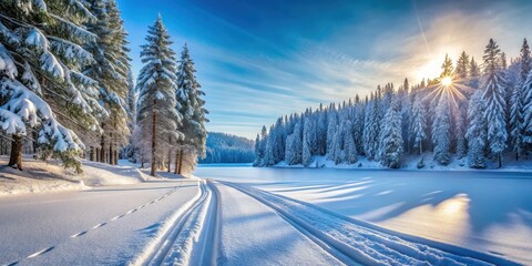 Fototapeta premium Snow-covered road with tire tracks in winter landscape, surrounded by evergreen trees and a frozen lake , tire tracks, road