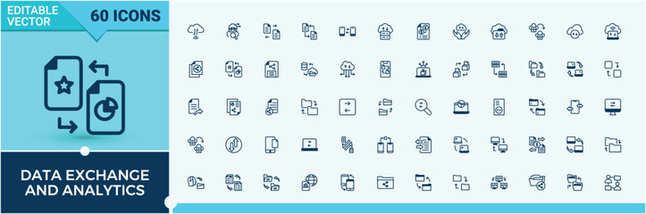 Data Exchange and Analytics icon set. Includes thin line data, on, innovation, global, computer and more. Web icons. Editable vector icon and illustration.