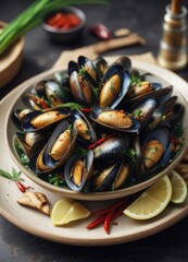 Fototapeta premium Pan-seared Asian green mussels served with sliced lemongrass and fresh chili peppers, seafood dish, pan-seared