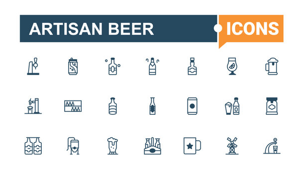 Artisan Beer icons set in linear style. It contains symbols to keg, brewery, alc, pack, cap, fish, craft, malt. Minimalistic icons. Editable vector outline and solid icons.