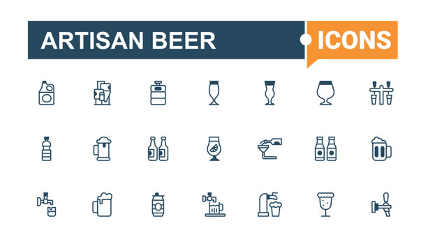 Artisan Beer icons set in linear style. It contains symbols to keg, brewery, alc, pack, cap, fish, craft, malt. Minimalistic icons. Editable vector outline and solid icons.