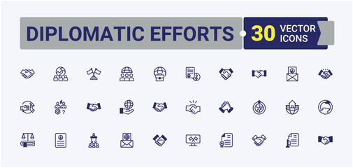 Diplomatic Efforts icon set. It contains symbols to partners, solution, Diplomacy, conflict, contract, icon, summit and more. Outline symbol collection. Vector outline and solid icons collection.