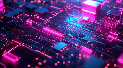 Obraz premium Abstract circuit board, glowing neon, technology, futuristic background, digital art