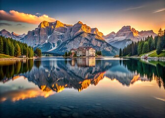 Fototapeta premium Dolomites Lake Misurina: Minimalist Mountain Lake Landscape Photography