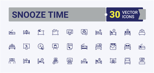 Snooze Time icons set in linear style. Icons pillow, dream, dreamlike, Bed, star, clock, table, lifestyles, window. Icons for UI. Solid line editable stroke. Vector line and solid icons.