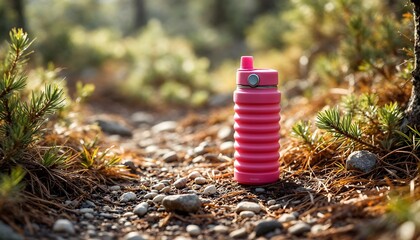 Obraz premium Pink Collapsible Water Bottle on Hiking Trail