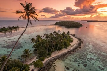 Panoramic view of the heart-shaped island at sunset with palm trees and a coral reef in the foreground, panoramic view, scenic views, ocean, coral reef, tropical