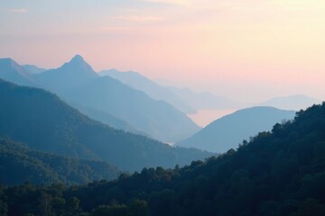 Fototapeta premium Soft focus mountains in misty atmosphere with calming sky tone, , gentle, soothing