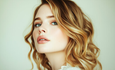 Fototapeta premium Close-up portrait of a woman with wavy blonde hair and natural makeup on a light background. Studio beauty photography. Skincare and beauty concept for design
