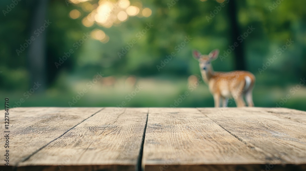 Aufkleber wooden table in a serene park setting with deer grazing in the background, captured in soft morning 