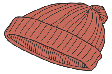 Knitted beanie, rust red color, ribbed texture, folded brim, cozy winter hat, warm accessory, soft wool material, close-up photography, plain background, simple design, casual style, detailed stitchin