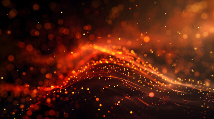Obraz premium Abstract waves of glowing particles in warm colors create a dynamic visual atmosphere.