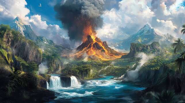 Volcano eruption landscape cartoon background scene. Prehistoric active vulcan in tropical nature exploding with lava and magma. Outdoor smoke from hot vulcan explosion period near river environment