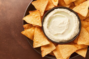 food photography of top-down view of modern plate with crispy pita chips and creamy hummus dip illuminated by bright