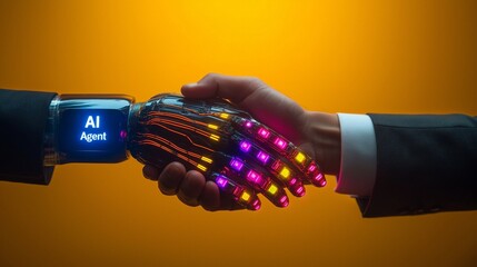 An autonomous robot AI agent and human handshake symbolizing agentic teamwork and collaboration using autonomy in the workforce for enhanced productivity as a team
