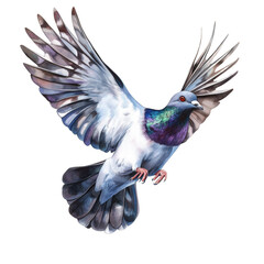 Obraz premium A watercolor painting depicts a vividly colored pigeon in mid-flight with its wings fully extended.