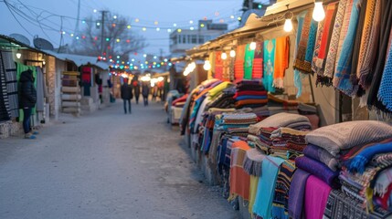 Obraz premium Colorful Textiles for Sale in Vibrant Evening Market Scene