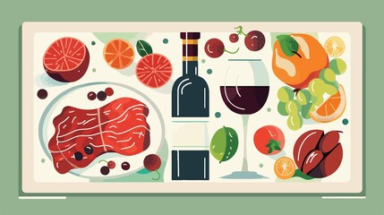 Exquisite Gourmet Meal with Wine, Meat, and Fresh Fruit on Flat Vector Design