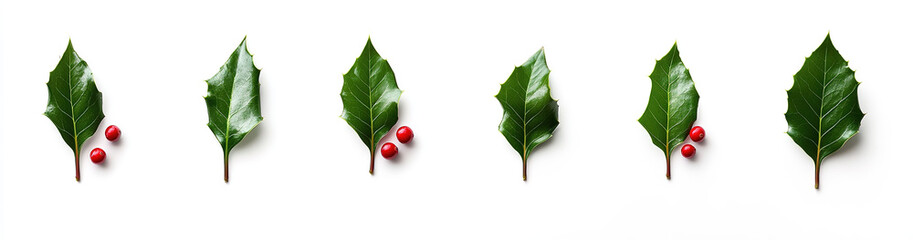 Obraz premium Christmas Holly Leaves and Berries on White Background. Flat Lay, Top View, 3D Rendering Illustration with Ample Space for Text.