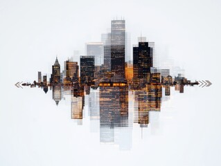 Fototapeta premium City skyline with financial symbols and upward arrows urban landscape double exposure business growth concept