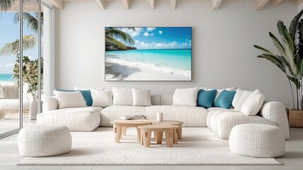 Tropical beach scene art in modern living room