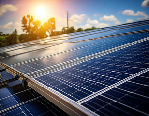 A solar panel is on a roof. The panel is blue and has a grid pattern. The sun is shining on the panel