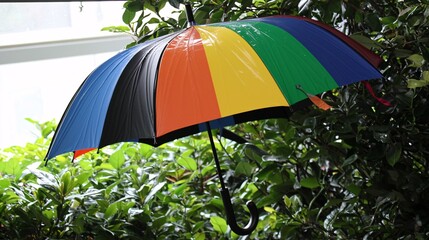 decorative indoor space featuring a rainbow umbrella with black accents, hung as part of a festive decoration arrangement. umbrella 