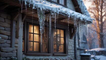 Obraz premium Sparkling icicles hang from the eaves of a traditional winter cottage, cold climate, snowy landscape