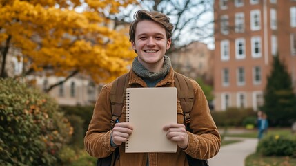 Fototapeta premium Person holding blank paper mock-up with text outdoor campus setting autumn environment inspirational concept