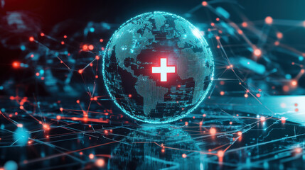 Obraz premium abstract representation of global healthcare connectivity, featuring digital globe with medical cross symbol. image conveys sense of innovation and interconnectedness in health services